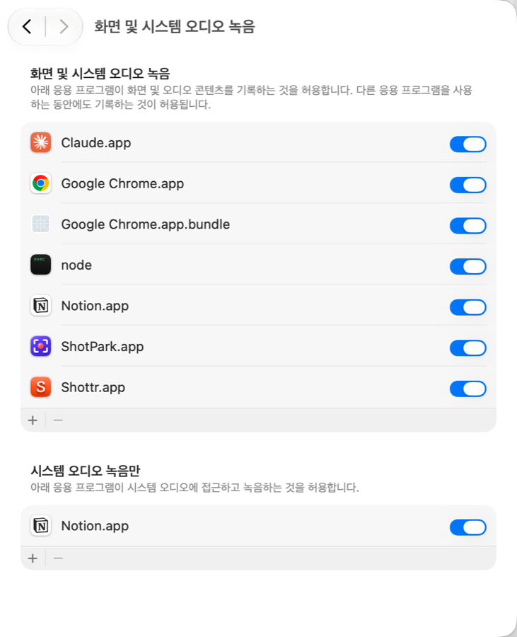 시스템 설정 → 개인정보 보호 및 보안 → 화면 및 시스템 오디오 녹음에서 ShotPark 켜기